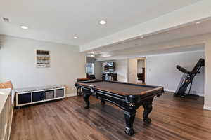 Recreation room featuring recessed lighting, dark wood-style flooring, and billiards table