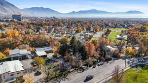 Aerial perspective of suburban area featuring mountains