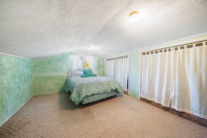 Bedroom featuring a textured ceiling, carpet flooring, and vaulted ceiling