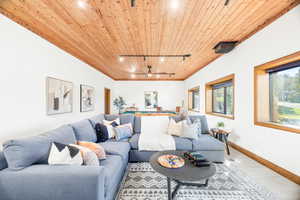 Living room with rail lighting, carpet floors, wood ceiling, and a ceiling fan