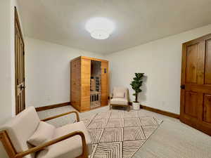 Sitting room with a relaxing sauna, carpet flooring, and a textured ceiling
