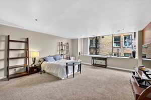 Bedroom with light carpet and baseboards