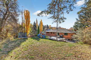 Back of property with a trampoline, a yard, a patio, a playground, and brick siding
