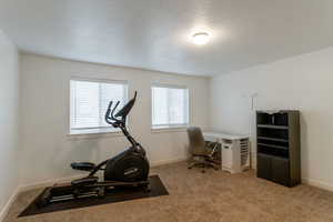 Workout area featuring light carpet and a textured ceiling