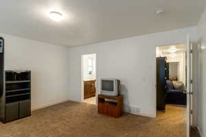 Unfurnished bedroom featuring light carpet, a textured ceiling, and ensuite bath