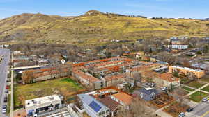 Aerial overview of property's location with a mountain backdrop