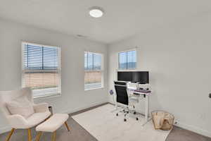 Carpeted office featuring baseboards and a textured ceiling