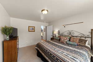 Bedroom featuring light colored carpet and baseboards