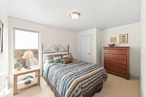 Bedroom featuring light colored carpet