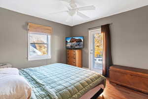Bedroom featuring wood finished floors, access to outside, multiple windows, and a ceiling fan