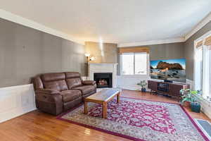 Living room featuring a wainscoted wall, a decorative wall, light wood-type flooring, a fireplace, and a textured ceiling
