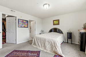 Primary bedroom featuring light carpet and a spacious closet
