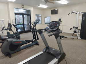 Workout area with a ceiling fan