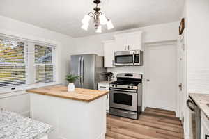 Kitchen featuring appliances with stainless steel finishes, tasteful backsplash, wood counters, white cabinetry, and a textured ceiling