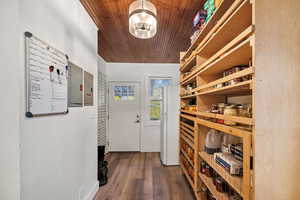 Wine room featuring wood ceiling, dark wood finished floors, and electric panel