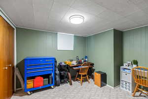 Office featuring carpet floors and wood walls
