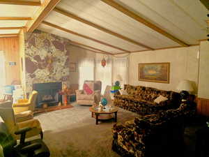 Living room with wood walls, a stone fireplace, and carpet flooring