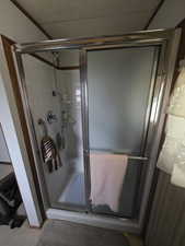 Full bath with a stall shower and carpet