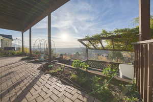 View of patio with a mountain view