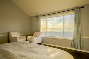 Bedroom featuring wood floors and lofted ceiling