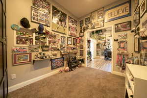 Interior space featuring carpet flooring and a desk