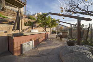 Fenced backyard featuring exterior kitchen, outdoor dining space, and a patio