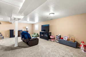 Living room featuring carpet flooring and a textured ceiling
