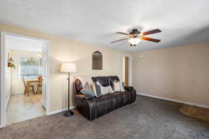 Living room featuring carpet, a ceiling fan, and a textured ceiling