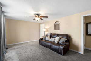 Living room featuring carpet flooring, ceiling fan, and a textured ceiling