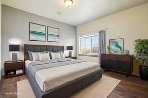 Virtually Staged Bedroom featuring dark wood-style floors