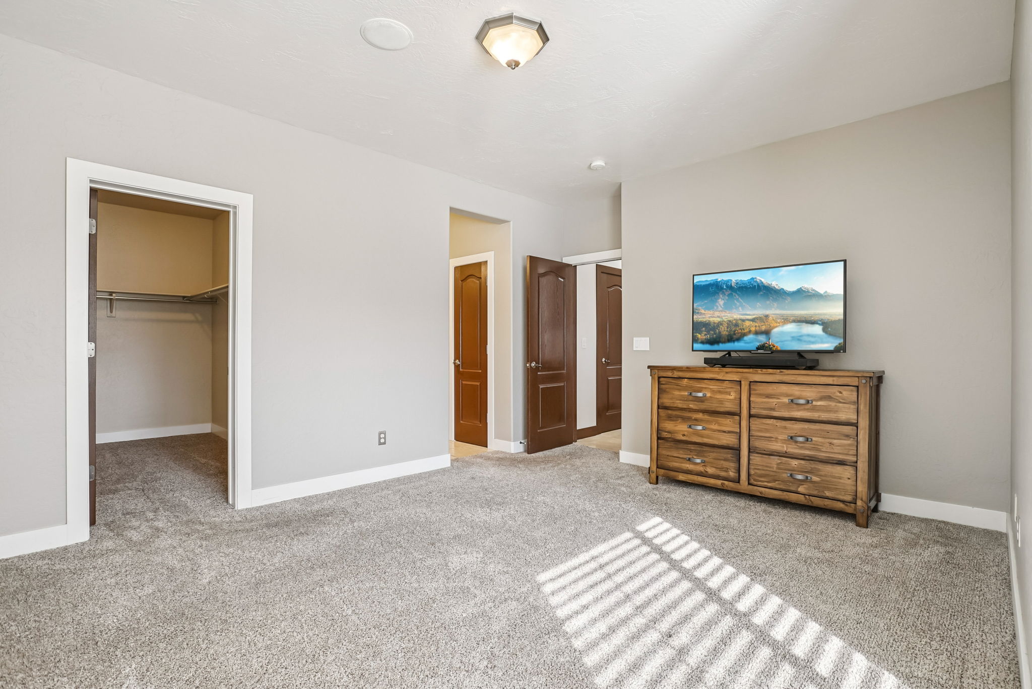 Bedroom with a spacious closet and light colored carpet