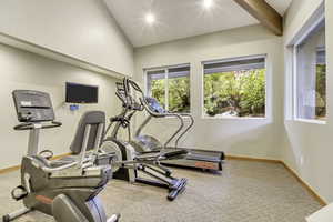 Exercise area featuring lofted ceiling