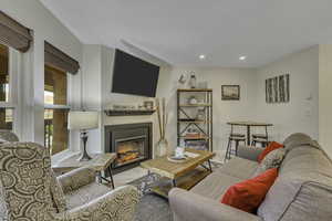 Living room with a glass covered fireplace, wood finished floors, and recessed lighting
