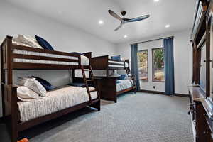 Bedroom with light colored carpet, recessed lighting, and ceiling fan