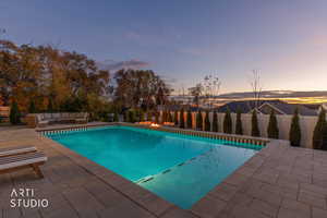 View of pool with a patio, a fenced backyard, and fire pit