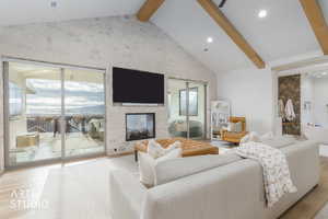 Bedroom seating area with beamed ceiling, high vaulted ceiling, wood finished floors, a fireplace, and recessed lighting
