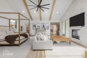 Bedroom with a fireplace, recessed lighting, light wood-style flooring, beam ceiling, and high vaulted ceiling