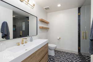 Full bath with vanity, a stall shower, and recessed lighting