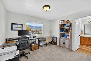 Office with light colored carpet and baseboards
