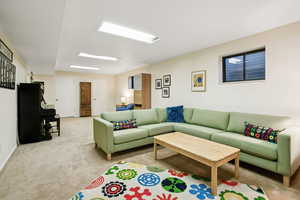 Living room with light colored carpet