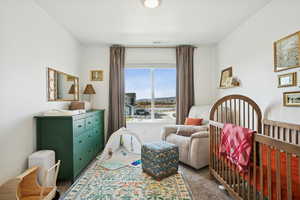 Carpeted bedroom with a crib