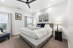 Bedroom with carpet flooring, recessed lighting, and a ceiling fan