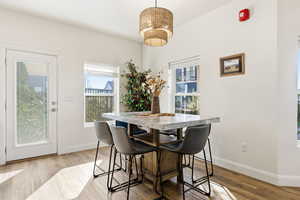Dining area featuring light wood finished floors and baseboards