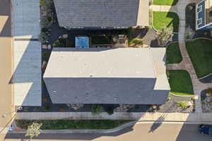 View from above of property featuring a pool area