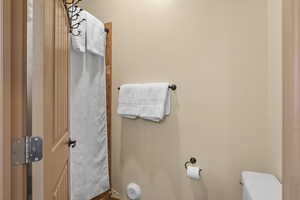 Bathroom with toilet and a shower with shower curtain