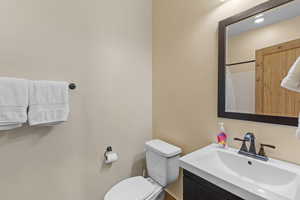 Full bath featuring vanity and a shower with curtain