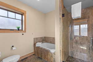 Master bath with a shower, tub, and plenty of natural light