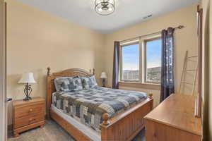 Bedroom featuring dark colored carpet and a mountain view
