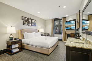 Carpeted bedroom with a sink and recessed lighting