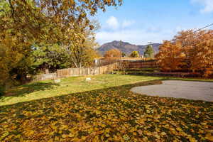 Fenced backyard featuring a mountain view and a patio area